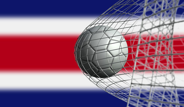 Soccer ball scores a goal in a net against Costa Rica flag. 3D Rendering