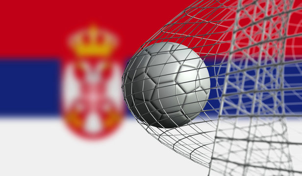 Soccer ball scores a goal in a net against Serbia flag. 3D Rendering