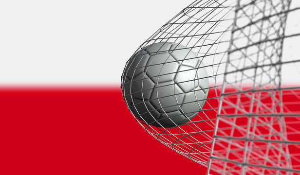 Soccer ball scores a goal in a net against Poland flag. 3D Rendering