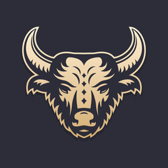 buffalo head vector illustration, gold over dark, vector pictogram