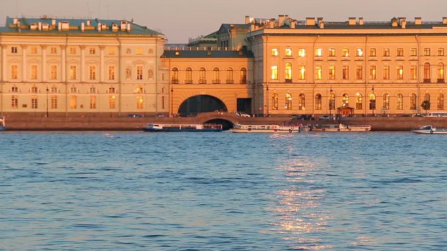 Riverside view of Winter Palace,Winter groove, sundown time. Saint-Petersburg