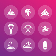 extreme outdoor activities icons set, skydiving, sailing, mountaineering, surfing, racing