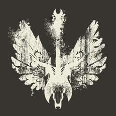 Vector illustration with an electric guitar, skull of goat and wings with splashes and curls in grunge style - obrazy, fototapety, plakaty