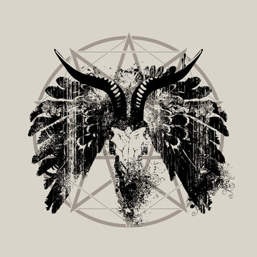 Vector illustration with skull of goat, wings and pentagram with splashes and curls in grunge style
