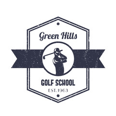 Golf school vintage logo over white, badge, emblem with golfer