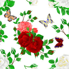Seamless texture floral  bunch  with white red and pink Roses  and butterflies