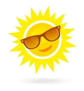 Cheerful, smiling cartoon sun in sunglasses on white background.