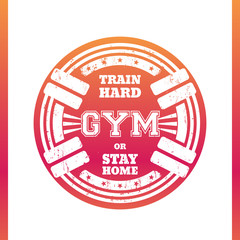 Round gym emblem, logo, badge with two barbells isolated on white, vector illustration