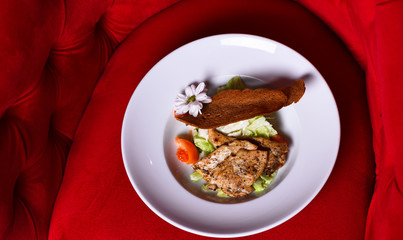 Main course and catering concept. Meat steaks, salad and toast