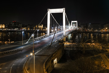 A night shot of the Erzsebet hid / Elisabeth bridge, the white bridge in Budapest 