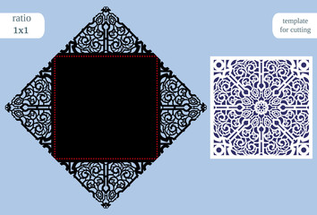 Paper openwork  square  greeting card, wedding invitation, template for cutting, lace imitation, cut on plotter, metal plate cut by laser,  vector illustration