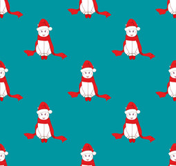 White Santa Cat with Red Scarf on Blue Background