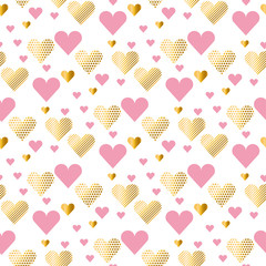 Valentines Day seamless modern luxury pattern. Festive abstract background with gold and pink hearts for cards, banner, posters.