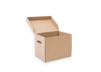 open brown cardboard paper box isolated on white background.