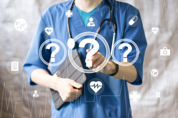 Doctor pushing button question healthcare network on virtual panel medicine - 185382394