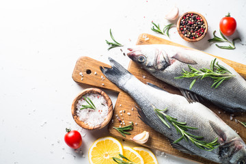 Fresh fish seabass on white.Top view copy space.