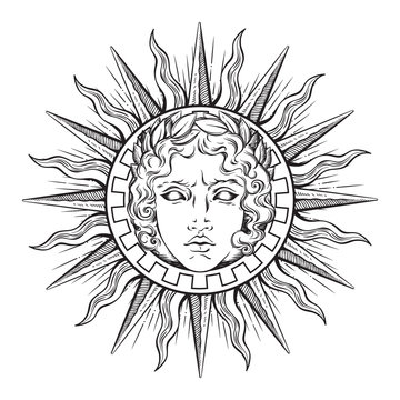 Hand drawn antique style sun with face of the greek and roman god Apollo. Flash tattoo or print design vector illustration