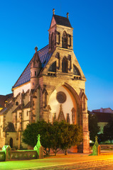 Fototapeta na wymiar St. Michael chapel (Kaplnka svätého Michala) at night in Kosice, Slovakia