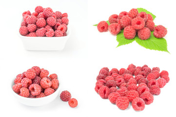 Collage of ripe red raspberries isolated on white