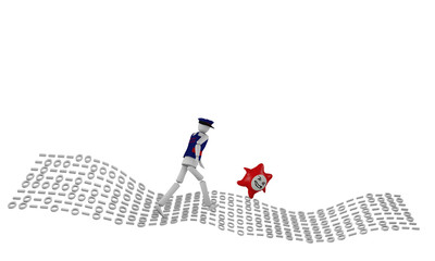 Binärcode über den ein Wachmann rennt und einen wütenden Virus verfolgt.