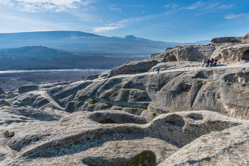 Uplistsikhe, an ancient rock-hewn town in eastern Georgia. Built on a high rocky left bank of the Mtkvari River, the structures dating from the Early Iron Age to the Late Middle Ages.