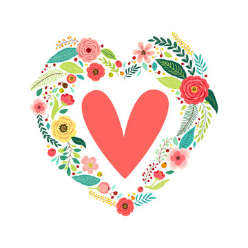 Cute vintage Valentine's Day symbol as rustic hand drawn first spring flowers in heart shape