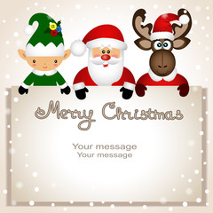 Christmas card. Funny postcard with Christmas Elf, Christmas moose and Santa.