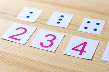 Cards with numbers and dots. The study of numbers and mathematics