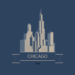 Naklejka premium Baner podróżny lub logo Chicago i USA z nowoczesną sylwetką budynków