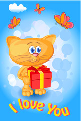 greeting card little kitten holding a box of valentine's day mother of women friends loving gift feeling design illustration vector blue butterfly background clouds mood
