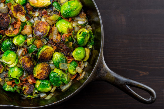 Diagonal Cast Iron Skillet with Brussels Sprouts