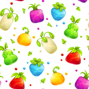 Seamless pattern with colorful fantasy fruits and berries