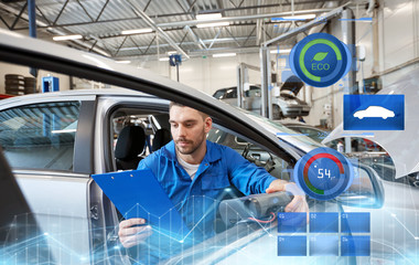 mechanic man with diagnostic scanner at car shop