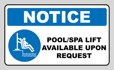 Pool and spa lift for disabled sign. Disability people information flat icons isolated on white background. Blue mandatory symbol. White simple pictogram. Notice banner.