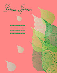 Pink background with multicolored leaves. Sketch ink.