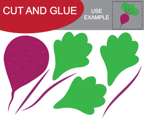 Create the image of beet (vegetable) using scissors and glue. Educational game for children. Vector illustration.