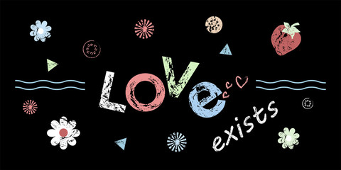 Love text, chalk letter, strawberry, flowers and abstract shapes on a black background.