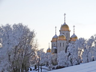 Christian Church of snowy trees