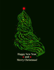 Beautiful bright christmas tree. Happy New Year and Merry Christmas card. Decorated Fir tree.