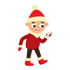 Teenage boy looking at smart phones screen isolated on white.