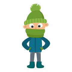 Teenage in big green scarf and hat, cartoon vector illustration
