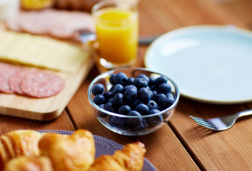 bowl of blueberries on wooden table at breakfast