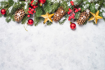 Naklejka na ściany i meble Christmas background. with fir tree and decorations.