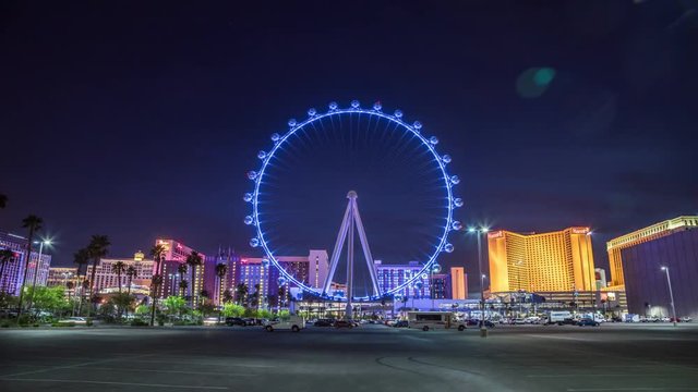 Zoom in on rotating Las Vegas High Roller Ferris Wheel on the Las Vegas Strip
