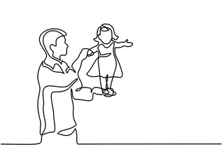 Continuous line drawing. Father holding happy daughter up in air. Vector illustration