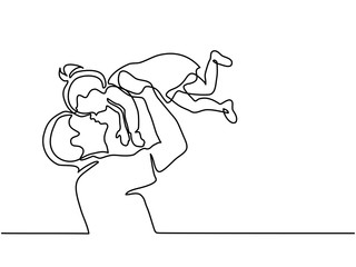 Continuous line drawing. Father holding happy daughter up in air. Vector illustration