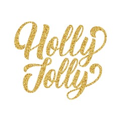 Merry Christmas brush fancy hand lettering with golden glitter texture effect on white background. Vector illustration. Can be used for holidays festive design.