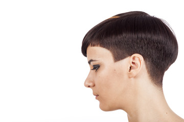 Profile young woman wearing  short haircut