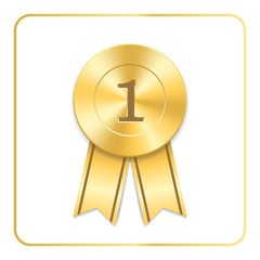 Award ribbon gold icon. Blank medal isolated on white background. Stamp rosette design trophy. Golden emblem. Symbol of winner, celebration, sport achievement, champion Vector illustration