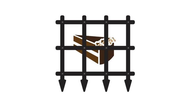 Animation of a castle gate closing down on a slice of chocolate cake